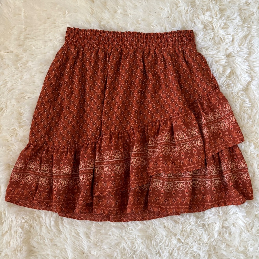 Boho Rust Orange Paisley Floral Tiered Ruffle Mini Skirt Smocked Waist